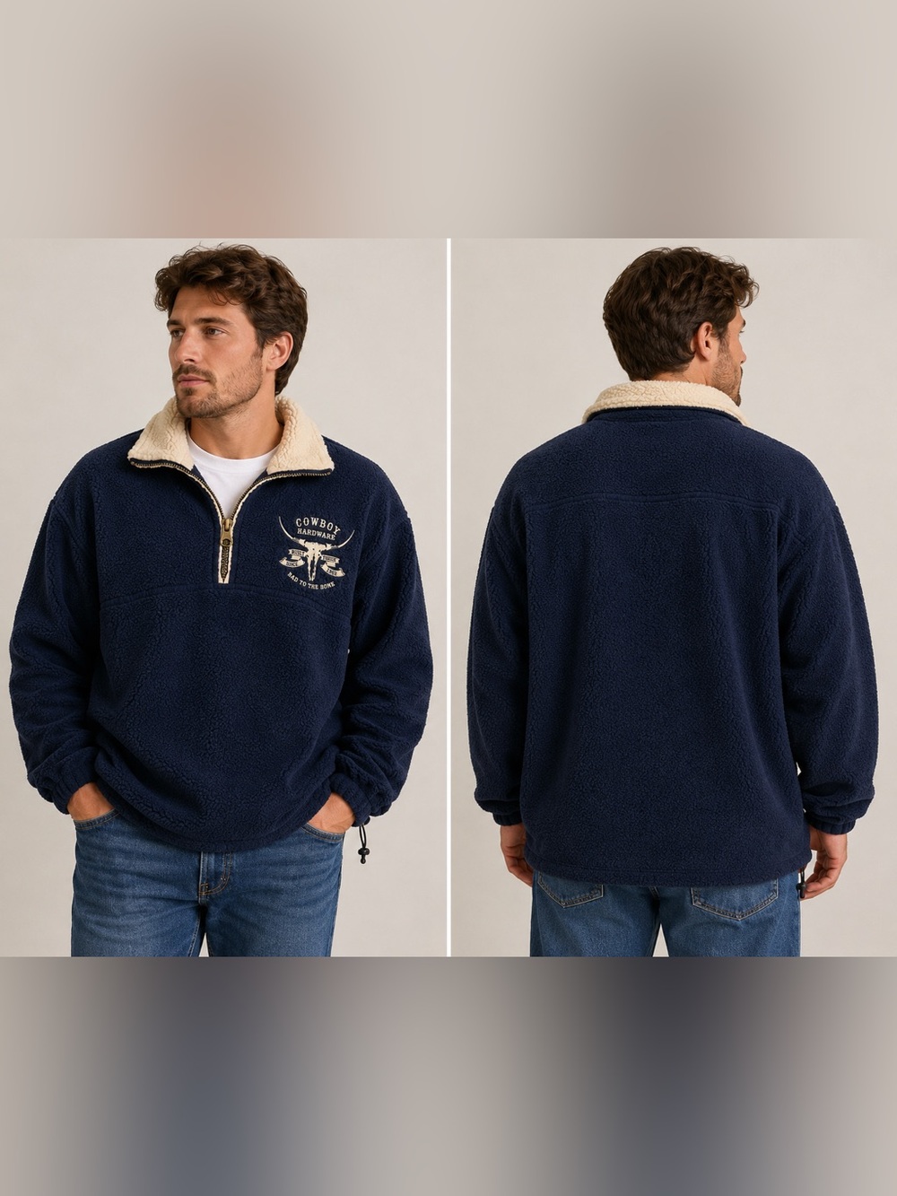 Men's Navy Sherpa Half-Zip Pullover with Contrast Collar